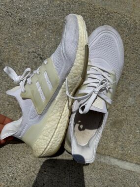 adidas White and Cream Knit Running Sneakers